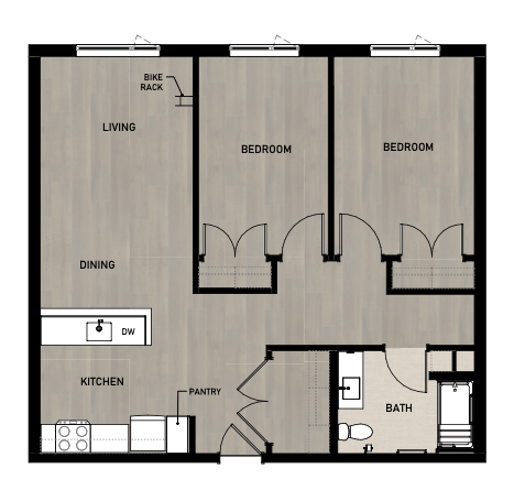 Floor plan for 2 beds, 1 bath, 889 sqft